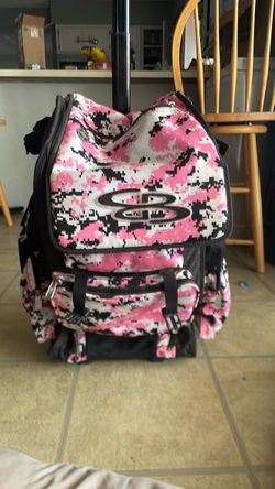 Pink camo rolling bat bag