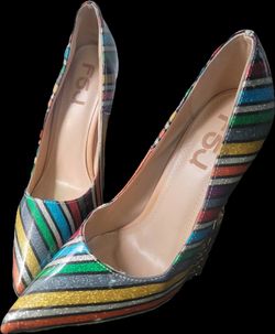 FSJ Multicolor Glitter Gold Metal Chain Chunky High Heel Pointed Toe Pumps Sz 7