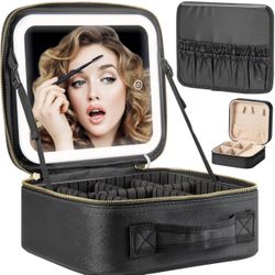 Makeup Travel Train Case with Mirror LED Light 3 Adjustable Brightness Cosmetic Bag Portable Storage Adjustable Partition Waterproof Brushes Makeup J