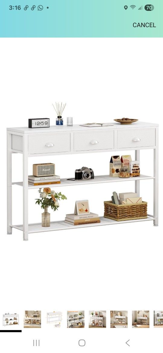 Furologee White Entryway Table, 38'' Console Sofa Table with 3 Fabric Drawers, Industrial Entry Way Table with Storage Shelves, Display Shelf for Livi