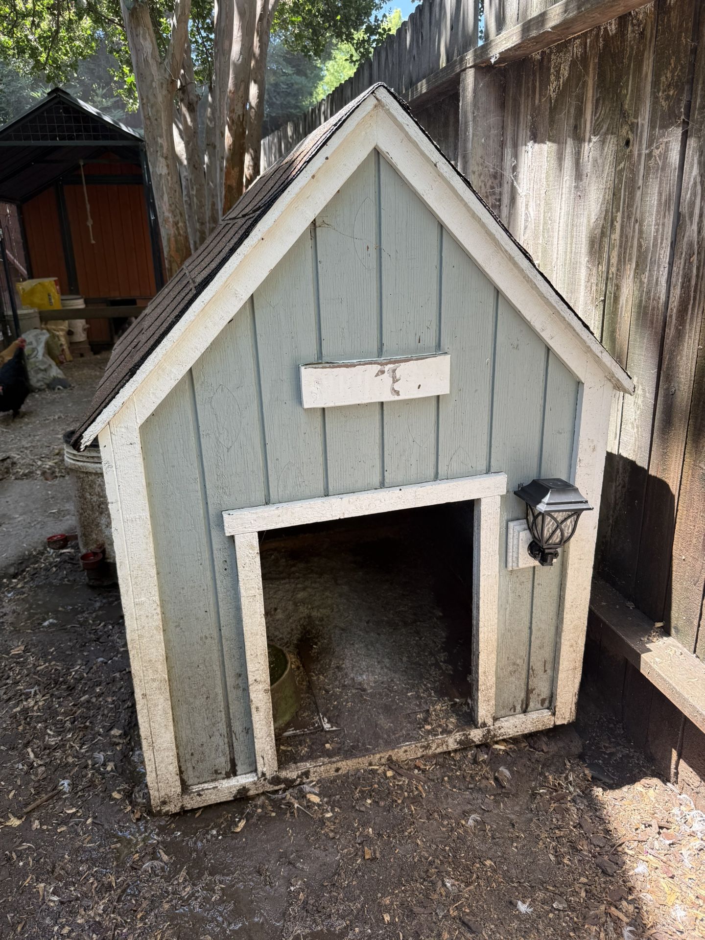 Huge OOAK handmade dog house with solar porch light roof shingles , house siding