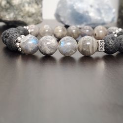 Labradorite Black Lava Stone Bracelet Crystal Healing Natural Gemstone Blue Flash Protection Healing Aromatherapy