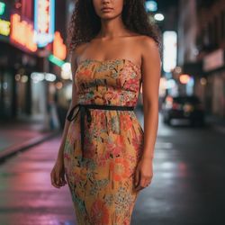 Classic Floral Strapless Cocktail  Dress With Black Satin Belt