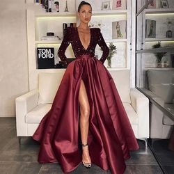  Burgundy Sequined Bridesmaid Prom Dresses Long Sleeve A Line Side Slit Shiny Bridesmaid Party Dress Satin Full Length