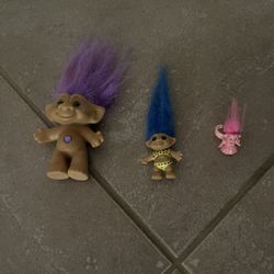 ALL 3 TROLLS - ONE IS 3 INCHES, ONE IS 1 1/2 INCHES(BOTH NOT INCLUDING THE HAIR), AND A RING FOR ONLY $7.00