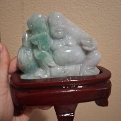 Certified Grade A GREEN JADE JADEIST HAPPY BUDDHA BLESSING GOOD LUCK WEATHY STATUE 