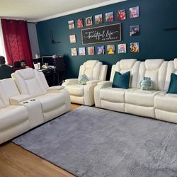 New White Leather Power Reclining Couch Set