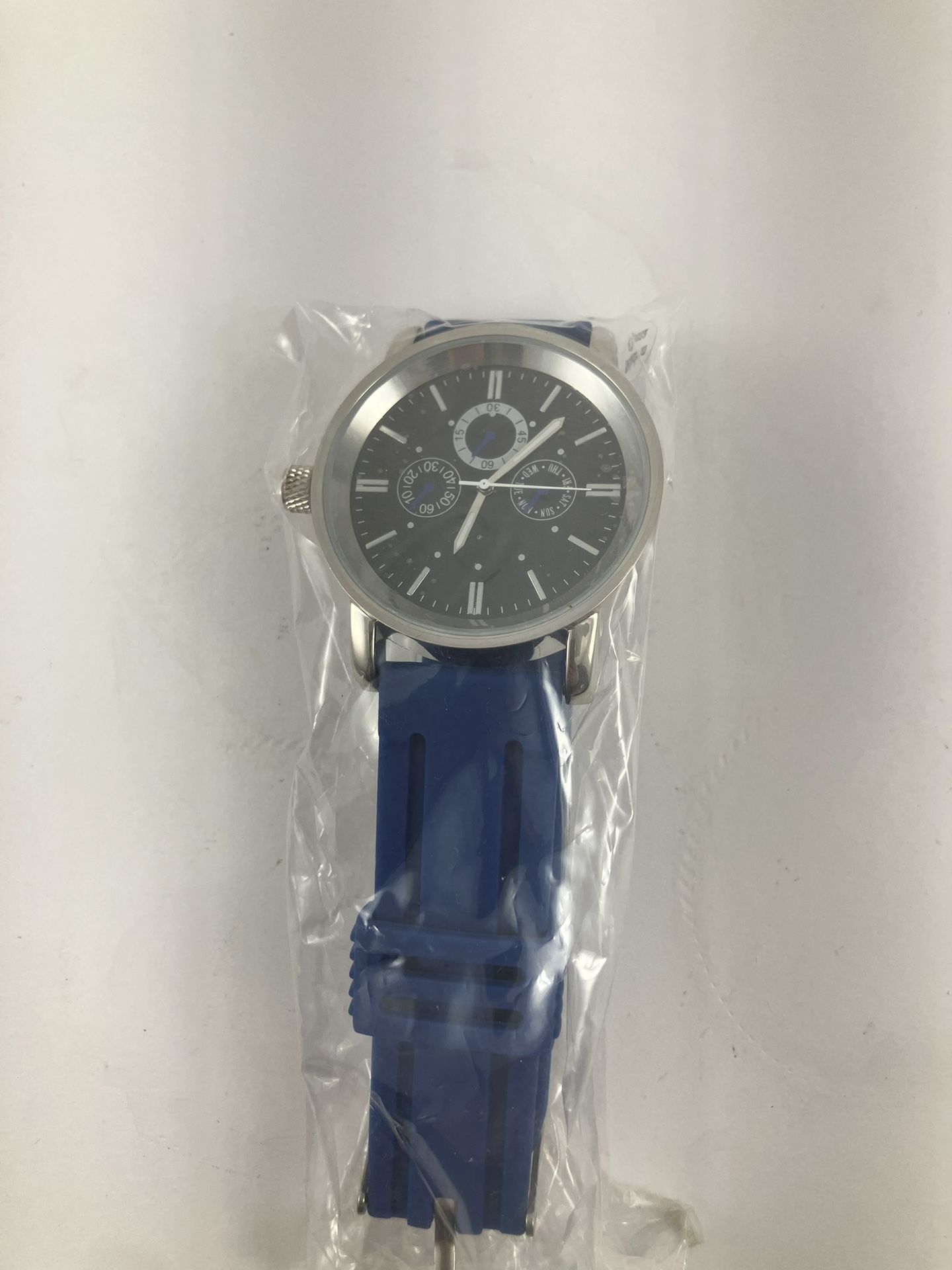 Men’s Silver-Tone Watch with Blue Rubber Strap — Black Dial, Multi-Function Subdials, New / Unworn