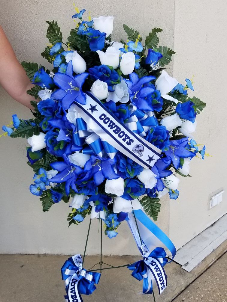 Flower cemetery easel stand with blue and white ,Dallas Cowboys theme colors