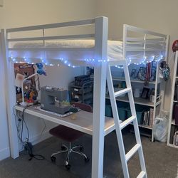Full-Size White Loft Bed with Desk, Shelving & Memory Foam Mattress
