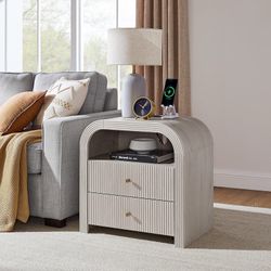 24" Fluted Nightstand Set of 1, Large 2 Drawers Bedside Table with Charging Station, Modern End Table with Storage Night Stand for Bedroom, Living Roo