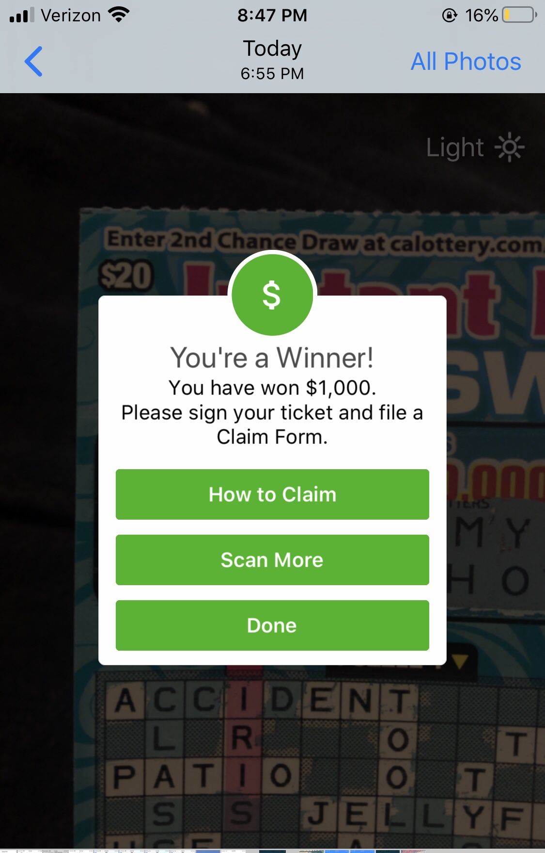 $1000 winning lottery ticket