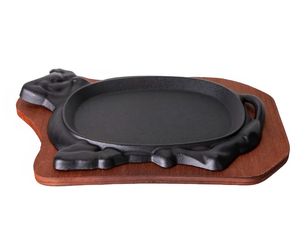 (4) Vintage Cast Iron Steak Plate Sizzle Griddle With Wooden Base