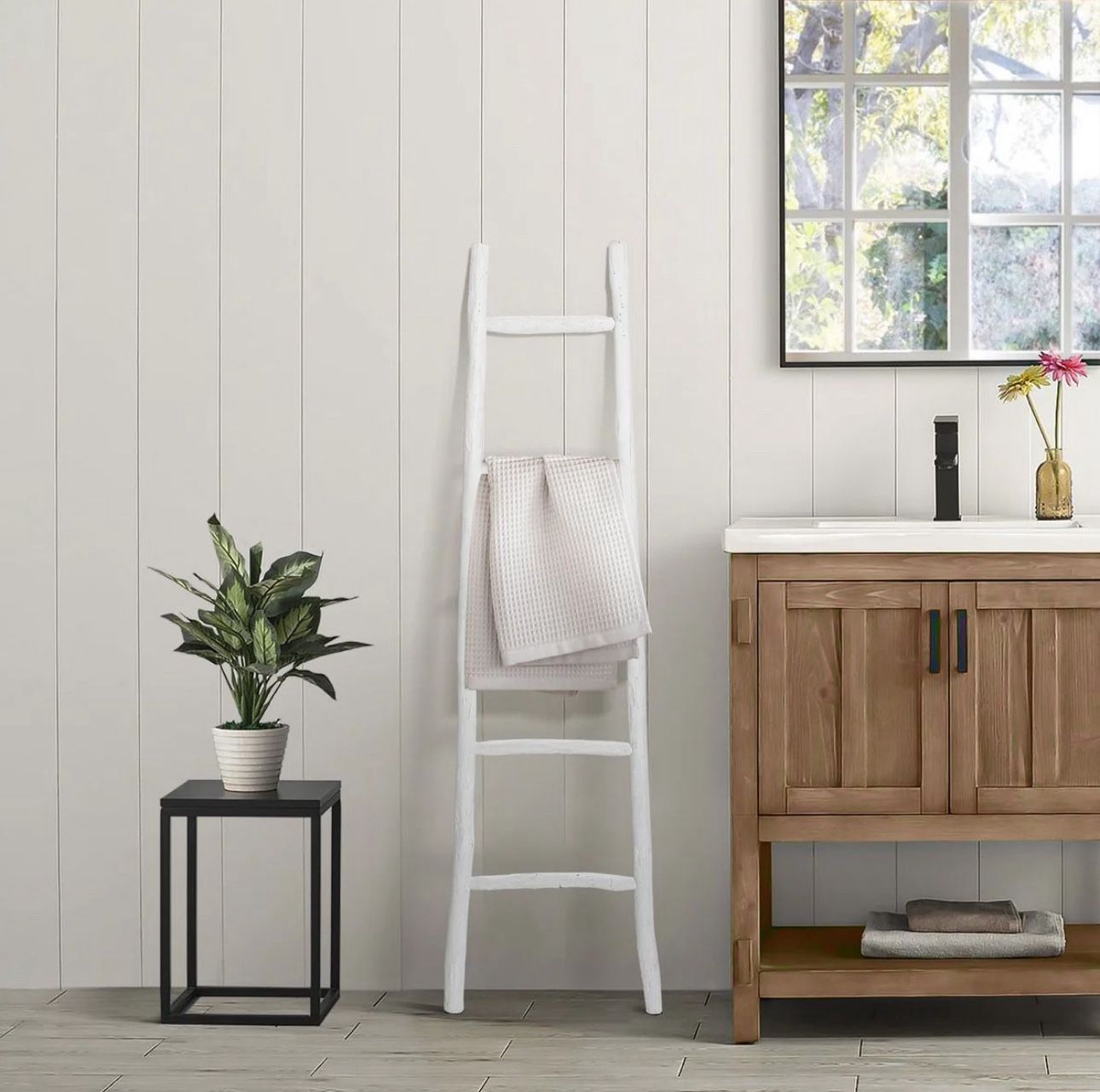 59.1 in. Tall White Solid Wood 5-Rung Bookcase Blanket Ladder,D1943