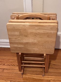Vintage Solid Oak Wood Folding TV Tray Tables Set of 4