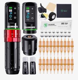 Dragonhawk L3 Red Wireless Tattoo Kit Complete Set with Dual 2000mAh Batteries, 7 Strokes 2.4-4.2mm, Mcore Motor, Cartridge Needles, RCA Backup, for B