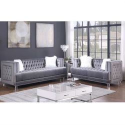 Grey Velvet Tufted Sofa Loveseat Set Nailhead Trim Accent Acrylic Legs Fur Pillows Included Brand New In Box Firm Price $1,140