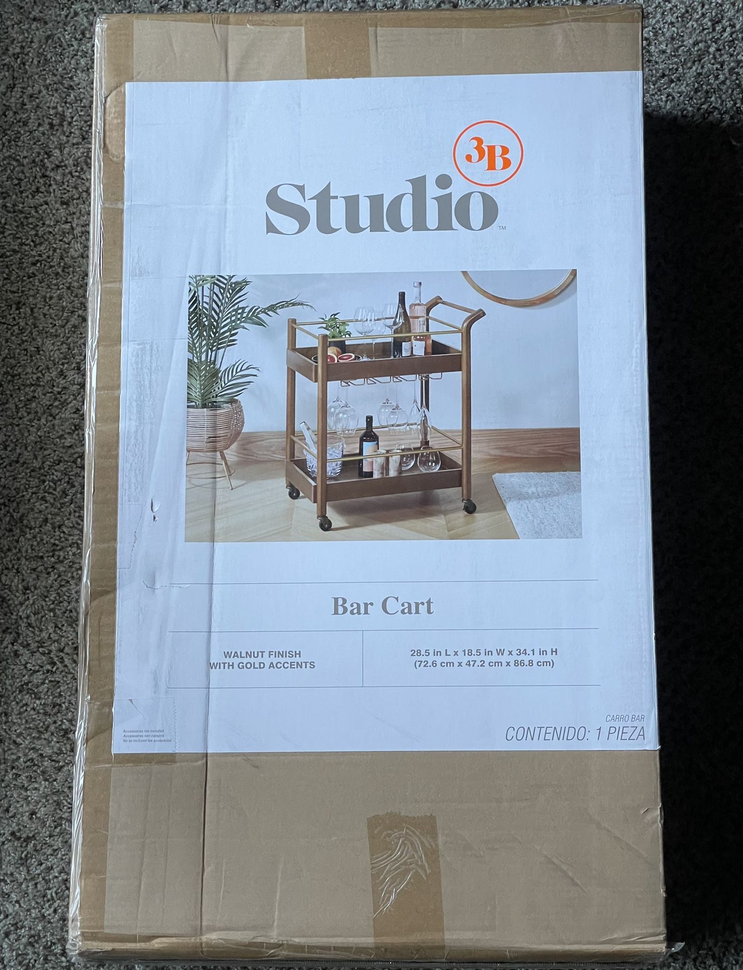 Studio 3b Bar Cart (BRAND NEW UNOPENED) Walnut Finish With Gold Accents