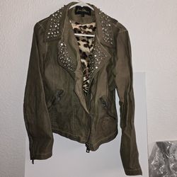 Sam Edelman Womens Bling Moto Jacket Size L Olive Faux Leather Rhinestone Studs