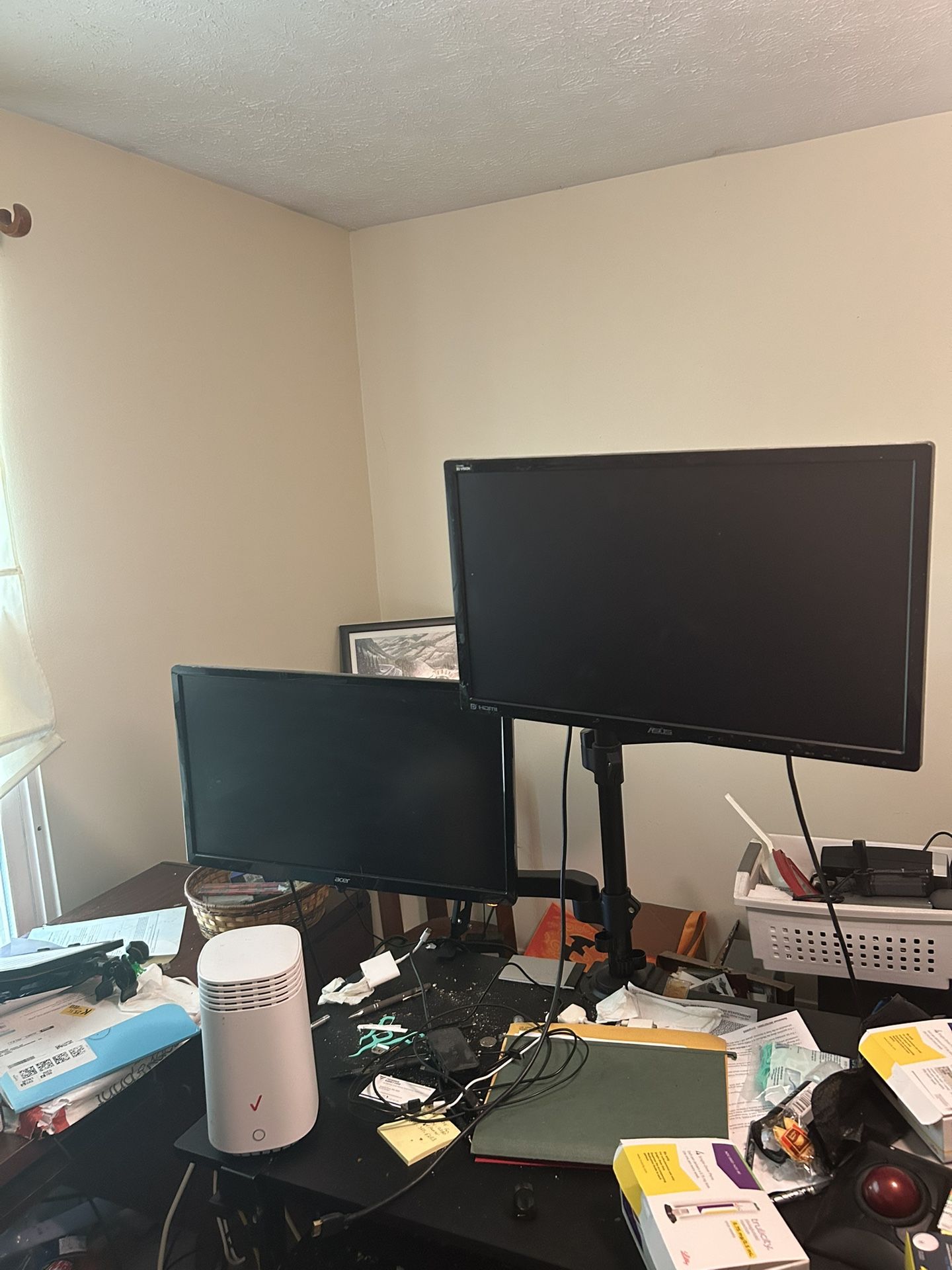 dual monitors with clamping desk mount.