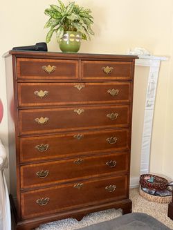Matching Vintage Wood Bedroom Dresser Set, 4 Pieces with Brass Hardware