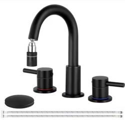 AKLFGN Double Handles 8 in. Widespread Bathroom Sink Faucet 3-Hole with Pull Out Sprayer with Pop-Up Drain in Matte Black