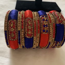 INDIAN HANDMADE SILK/ THREAD RHINESTONE WORK/ BANGLES/ MULTI-COLOR 2*6
