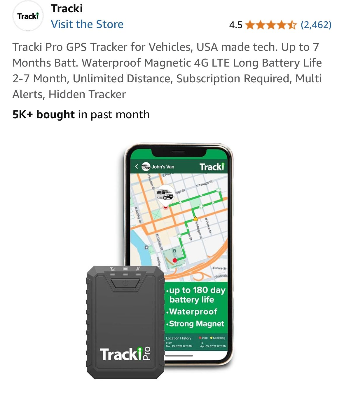 Tracki Pro GPS Tracker for Vehicles, USA made tech. Up to 7 Months Batt. Waterproof Magnetic 4G LTE Long Battery Life 2-7 Month, Unlimited Distance, S