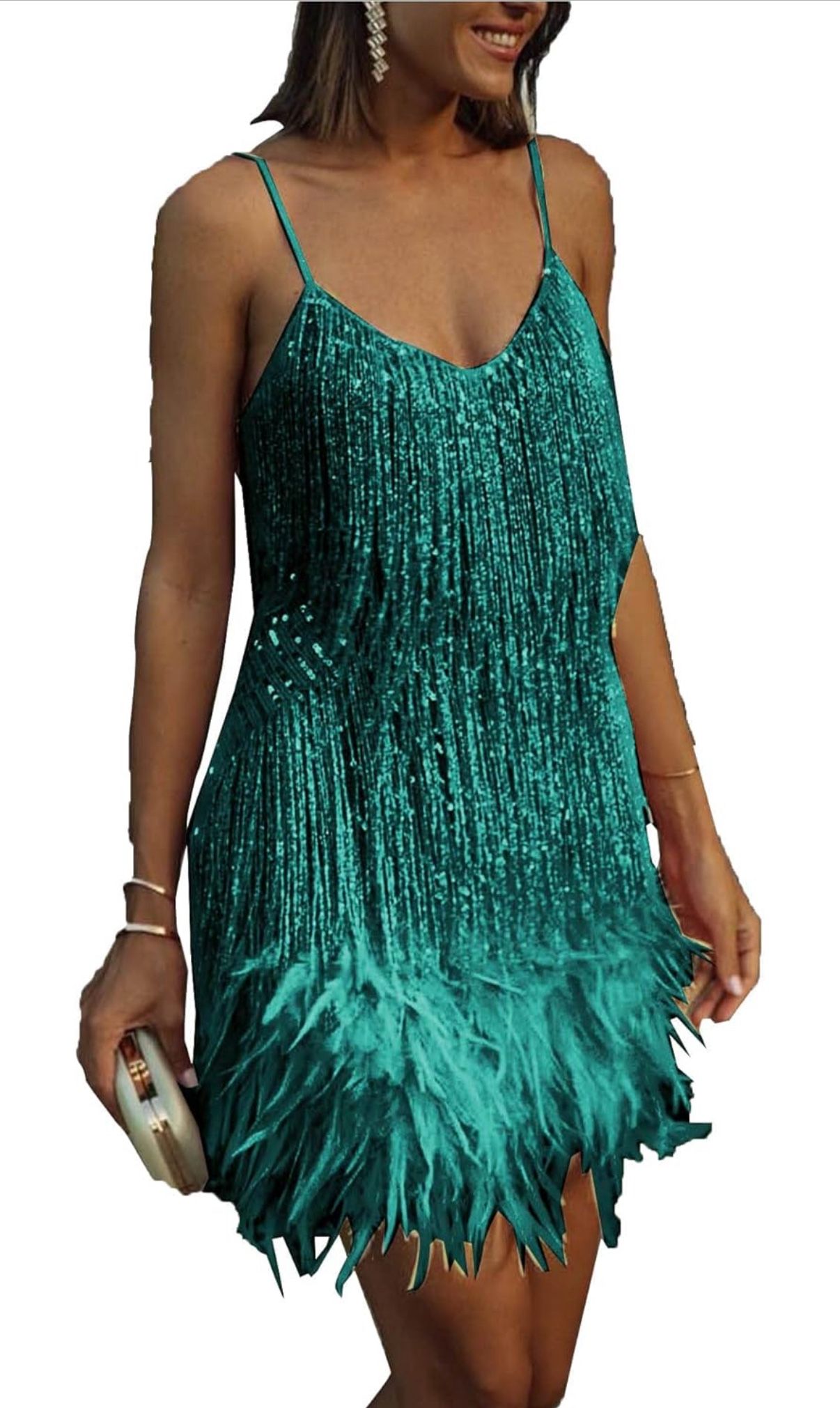 Women’s Small Flapper Dress, Feather-peacock Blue ,20s Gatsby, All-Over Fringe