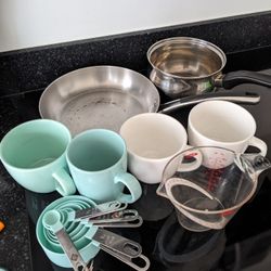 Stainless Steel Pan 12", Saucepan Pot 2qt, 4 Mugs, Measuring Spoons And Oxo Cup