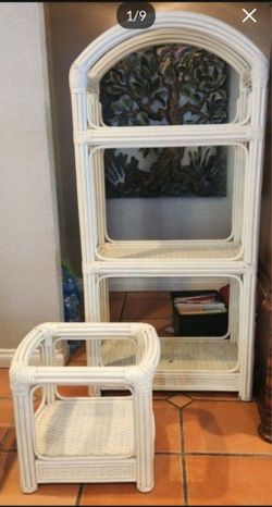 White Wicker Shelf And Side Table set