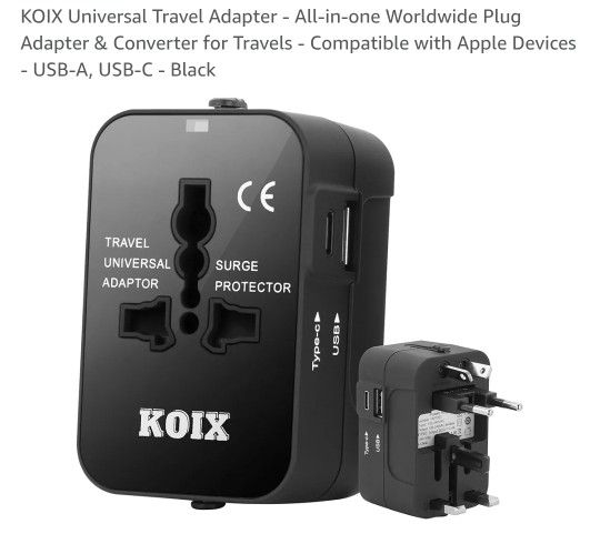 KOIX Universal Travel Adapter - All-in-one Worldwide Plug Adapter & Converter for Travels - Compatible with Apple Devices - USB-A, USB-C - Black