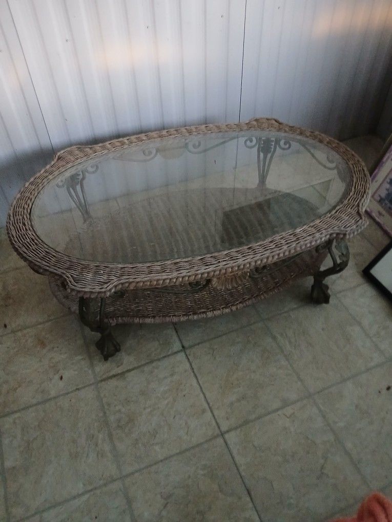 Lexington Beige Wicker Glass Top Coffee Table 