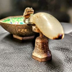 ANTIQUE QING DYNASTY CELADON JADE BELT HOOK GILT ENAMEL BRASS TREASURE BOWL