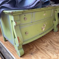 Price Reduced 100 Year Old Antique Painted Sleigh Bed And Dresser With Mirror