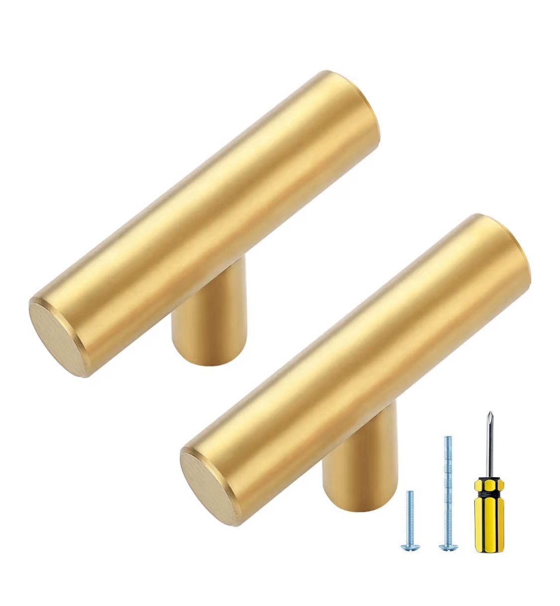 Gold T Bar Cabinet Knobs 2” Dresser Knobs Brushed Brass Single Hole Drawer Knobs Cabinet Handles