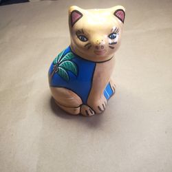 Handmade Painted Clay Cat Sculpture Gold Cat Beach Made In Mexico Beach Painting