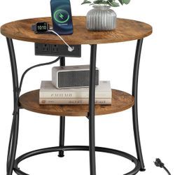 VASAGLE 2-Tier Round End Table with Power Outlets Nightstand with Steel Frame - Rustic Brown