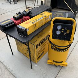 Dewalt tools, battery, laser level, laser stand, air compressor, nail guns and miter saw