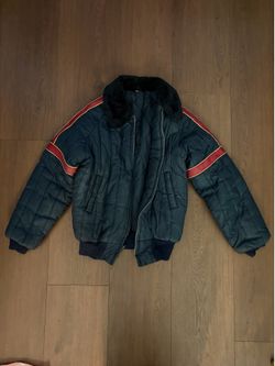 Dark Blue Quilted Bomber Jacket Faux Fur Collar
