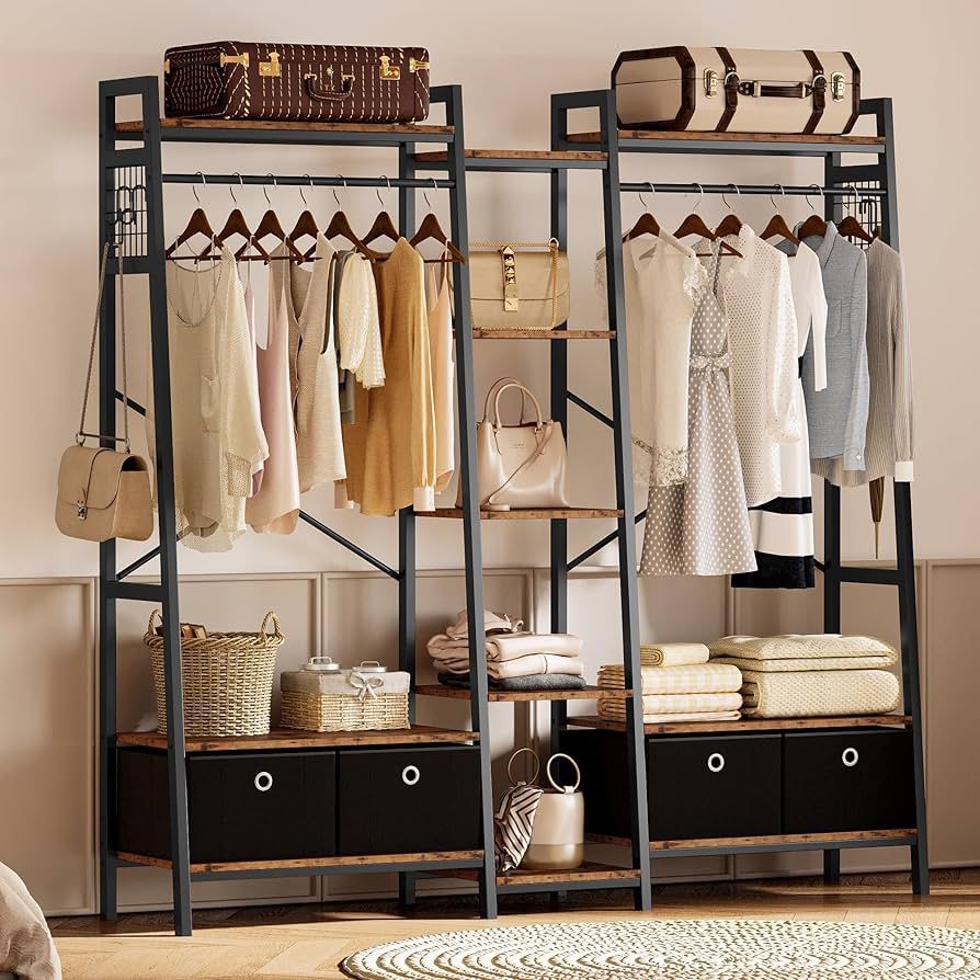 Garment Rack and Storage Shelves, Heavy Duty Closet Rack with Hanging Rods,4 Drawers, T Shaped Coat Rack Closet Organizer, Vintage Brown