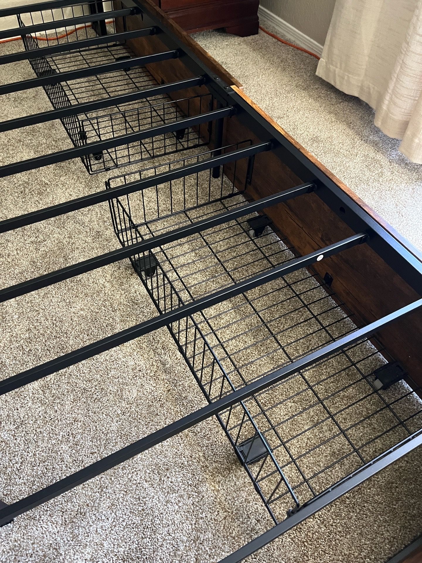 Like New Queen Bed Frame w/ Storage Baskets & Built-In USB Charging — Rustic Brown