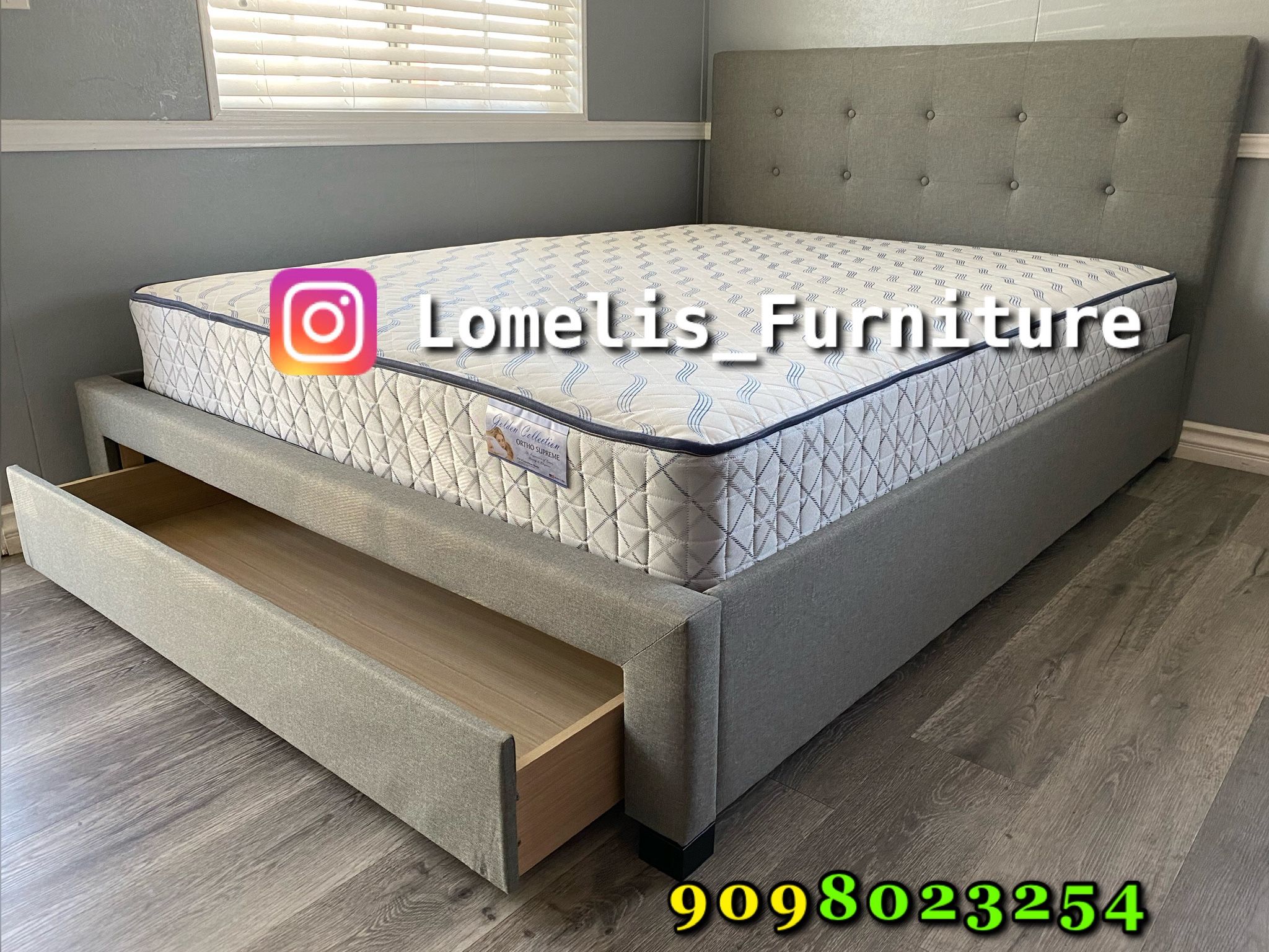 Queen Gray Tufted Bed w. Drawer & Orthopedic Mattress Included