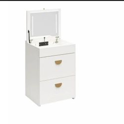 Ameriwood Home Compact 3-in-1 Vanity Set, Makeup Storage Desk & Stool, Mirror w/ LED lights & USB Ch