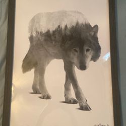 Wolf Picture With Trees On It’s Back Faded In Color. Gray Colored Wood As The Frame