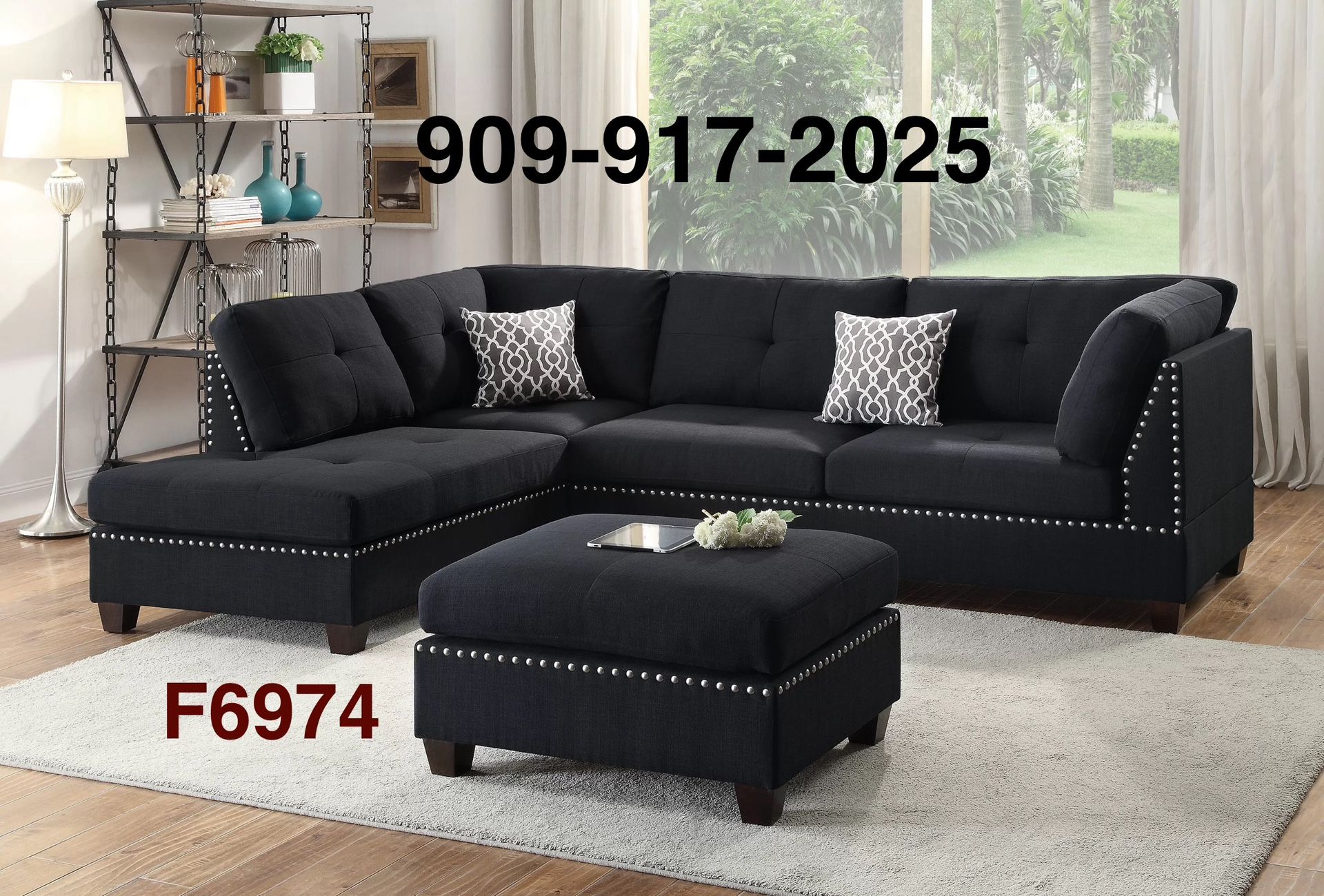 BLACK SECTIONAL SOFA WITH OTTOMAN AND ACCENT PILLOWS