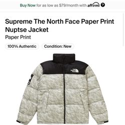 Brand New Supreme x The North Face Paper Print Nuptse Jacket Size XL