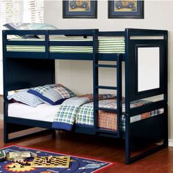 Blue twin over twin bunk bed