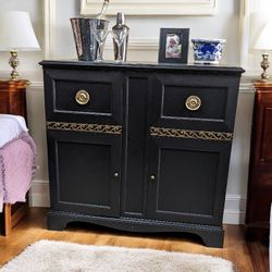 Solid Wood Black And Gold Server/Liquor Cabinet 