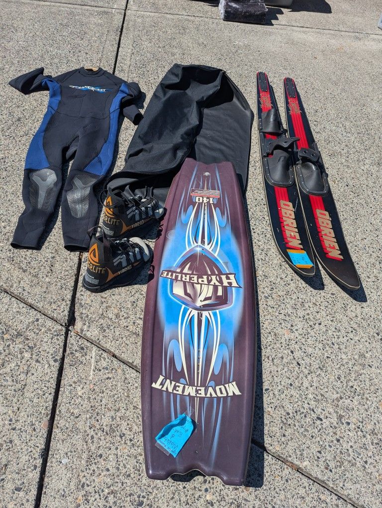 Wetsuit $20, Hyperlite Movement Wakeboard with Hyperlite Vario Bindings $100, O'Brien Water Skis $80